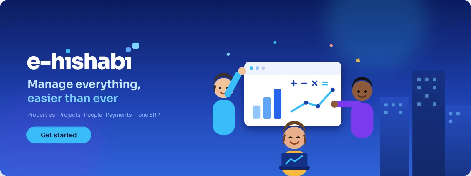 An E-Hishabi implementation team reviewing an ERP dashboard covering properties, projects, people and payments. Book a free demo.